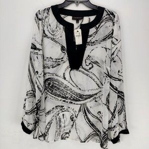 Lane Bryant Size 14/16 V-Neck Sheer Paisley Print Blouse Top Tunic Black White